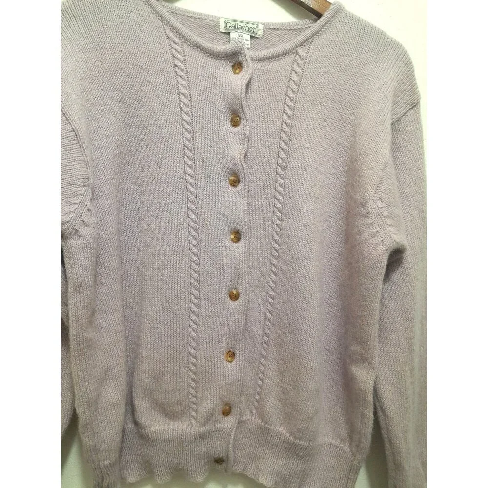 Vtg Gallagher Womens Shetland Wool Cable Knit Soft Size XL Cardigan  Lavender